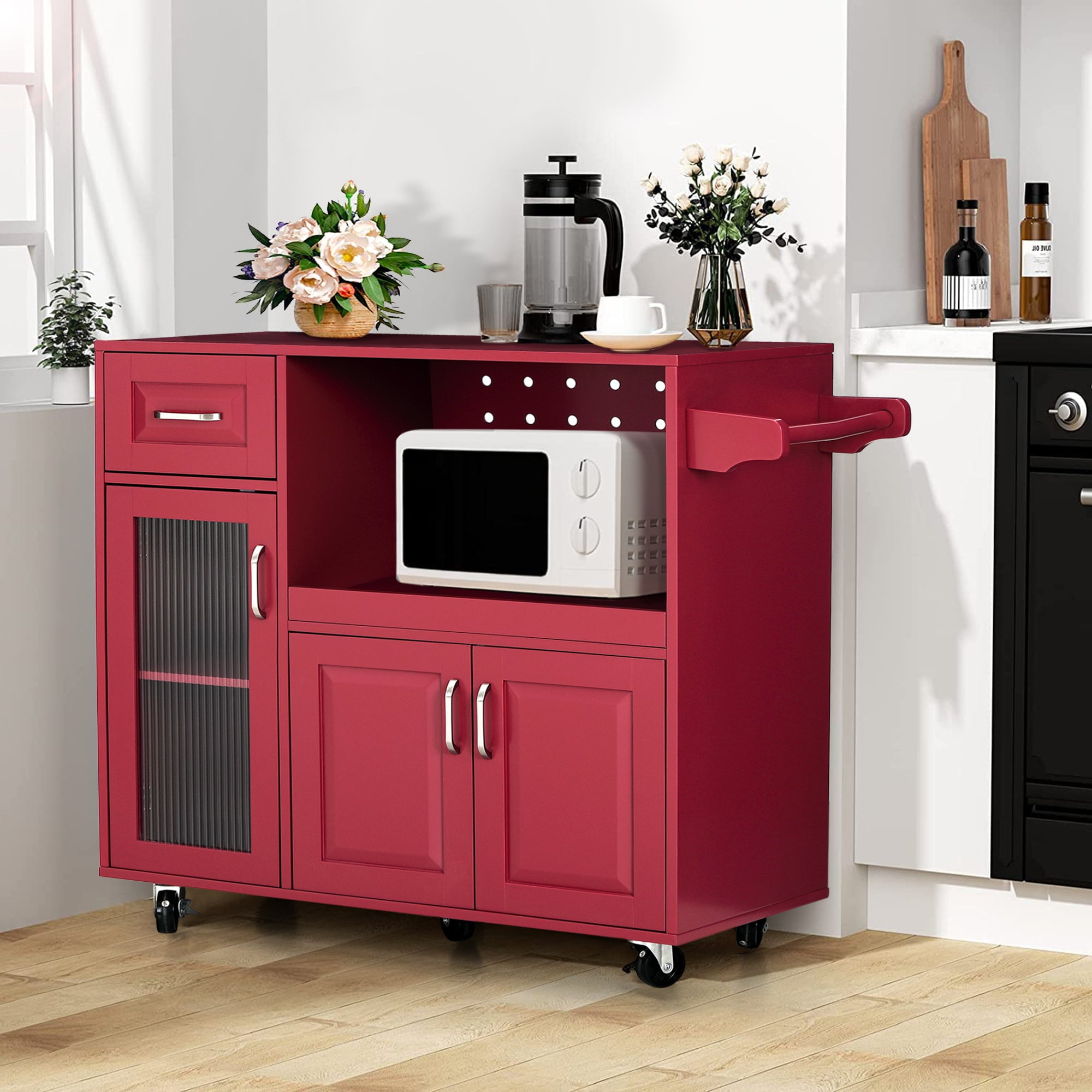 Sophia & William Movable Kitchen Island Cart with Extendable Tray, Adjustable Shelf, Glass Door