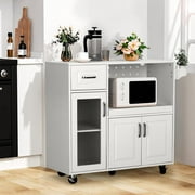 Sophia & William Kitchen Island Cart on Wheels with Extendable Tray, Adjustable Shelf and Glass Door-White