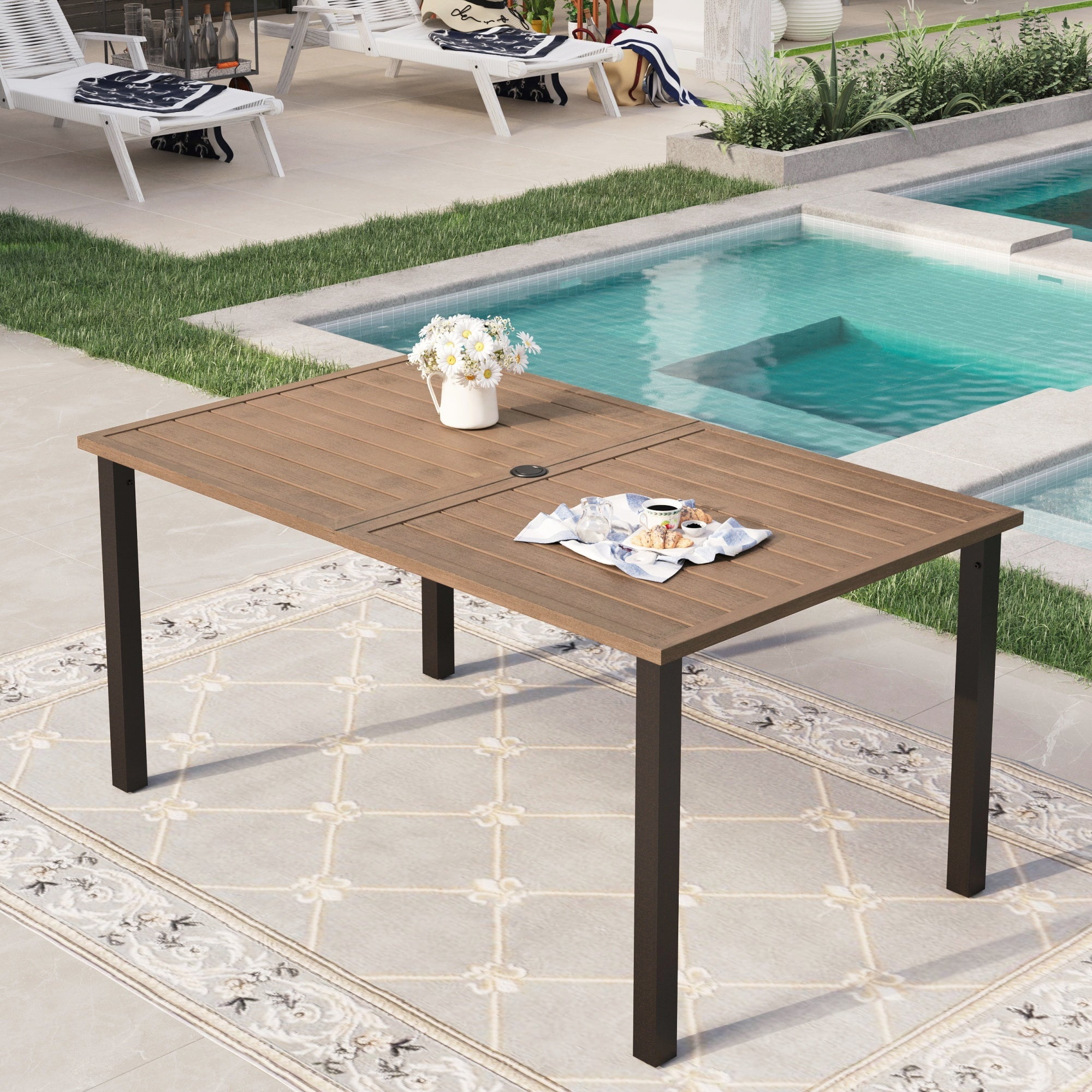 Teak-Grain and Black Metal Outdoor Dining Table for 6