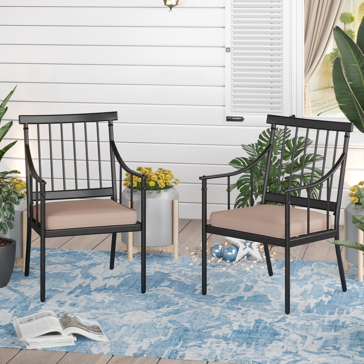 Sophia & William Metal Outdoor Patio Dining Chairs with Beige Cushions Set of 2