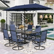 Sophia & William 8-Piece Outdoor Patio Dining Set with 13ft Navy Umbrella, Rectangle Table & Blue Textilene Chairs Furniture Set