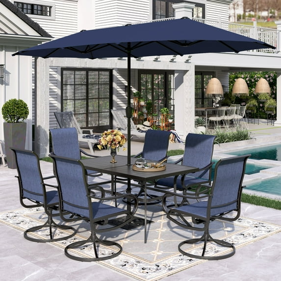 Sophia & William 8-Piece Outdoor Patio Dining Set with 13ft Navy Umbrella, Rectangle Table & Blue Textilene Chairs Furniture Set