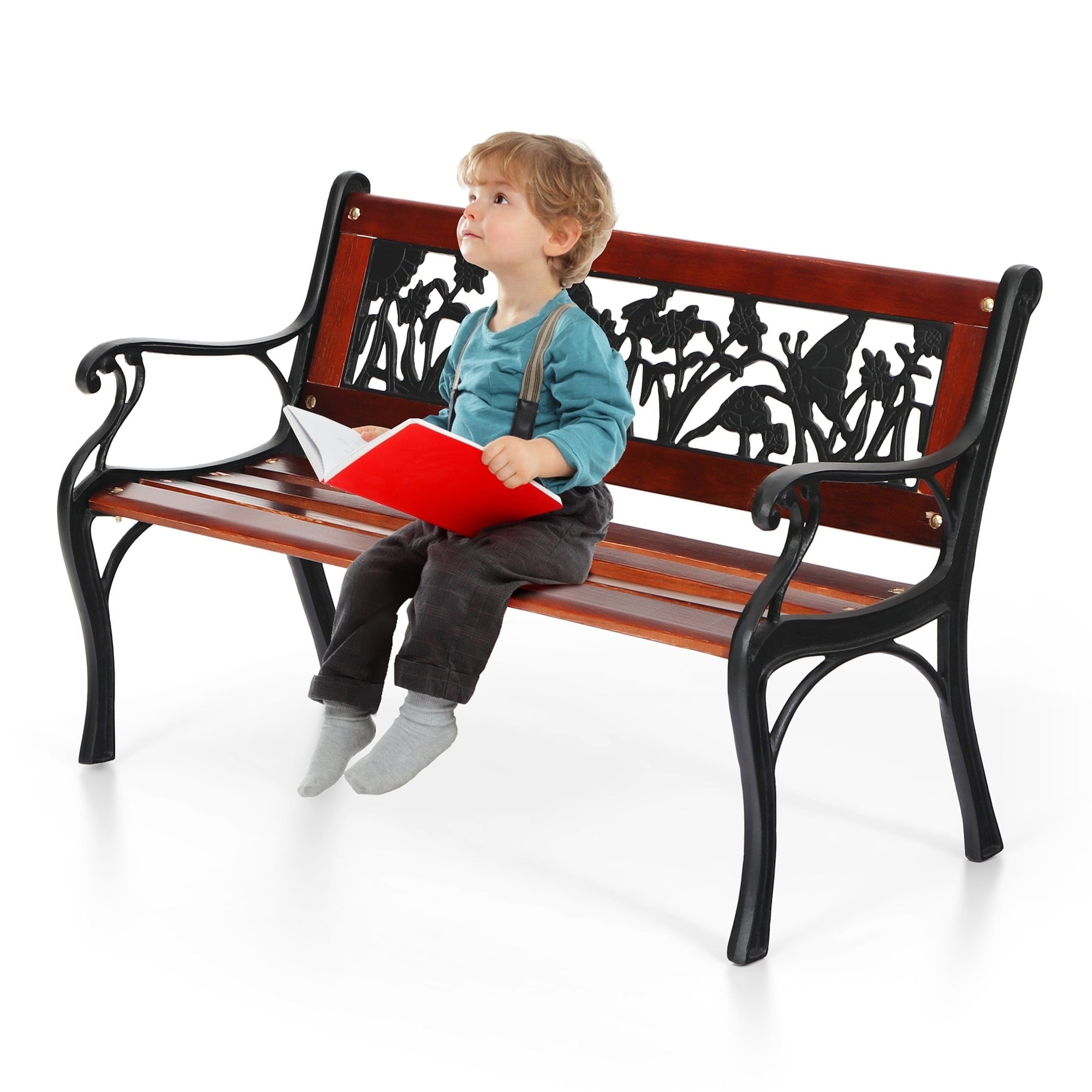 Sophia & William Outdoor Garden Bench Patio Bench for KidsSmall Park Bench with Smooth Armrest Cast Iron Frame Wood Bench, Black