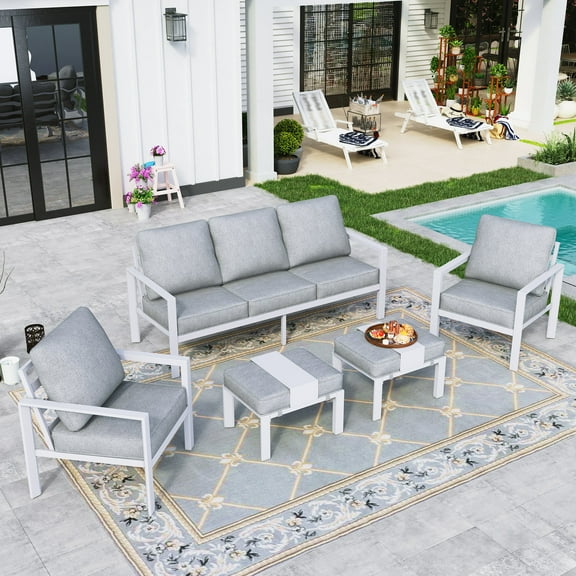 Sophia & William 7-Seat Patio Aluminum Conversation Set Outdoor White Frame Sofa & Table Furniture Set, Gray Cushions