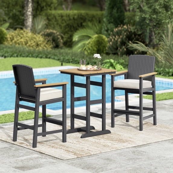 Sophia & William Patio Outdoor Bar Set HDPE Height Stools & Table Bistro Set Cushioned Wicker Chair Furniture Set