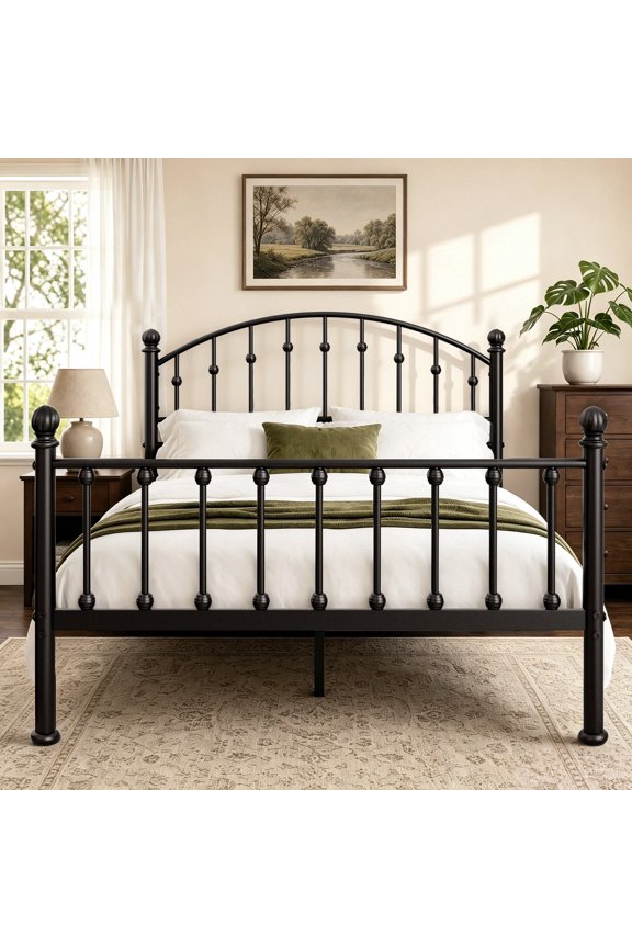 Queen Size Metal Platform Bed Frame with Arched Headboard & Footboard, Easy Assembly, No Box Spring Needed, Black