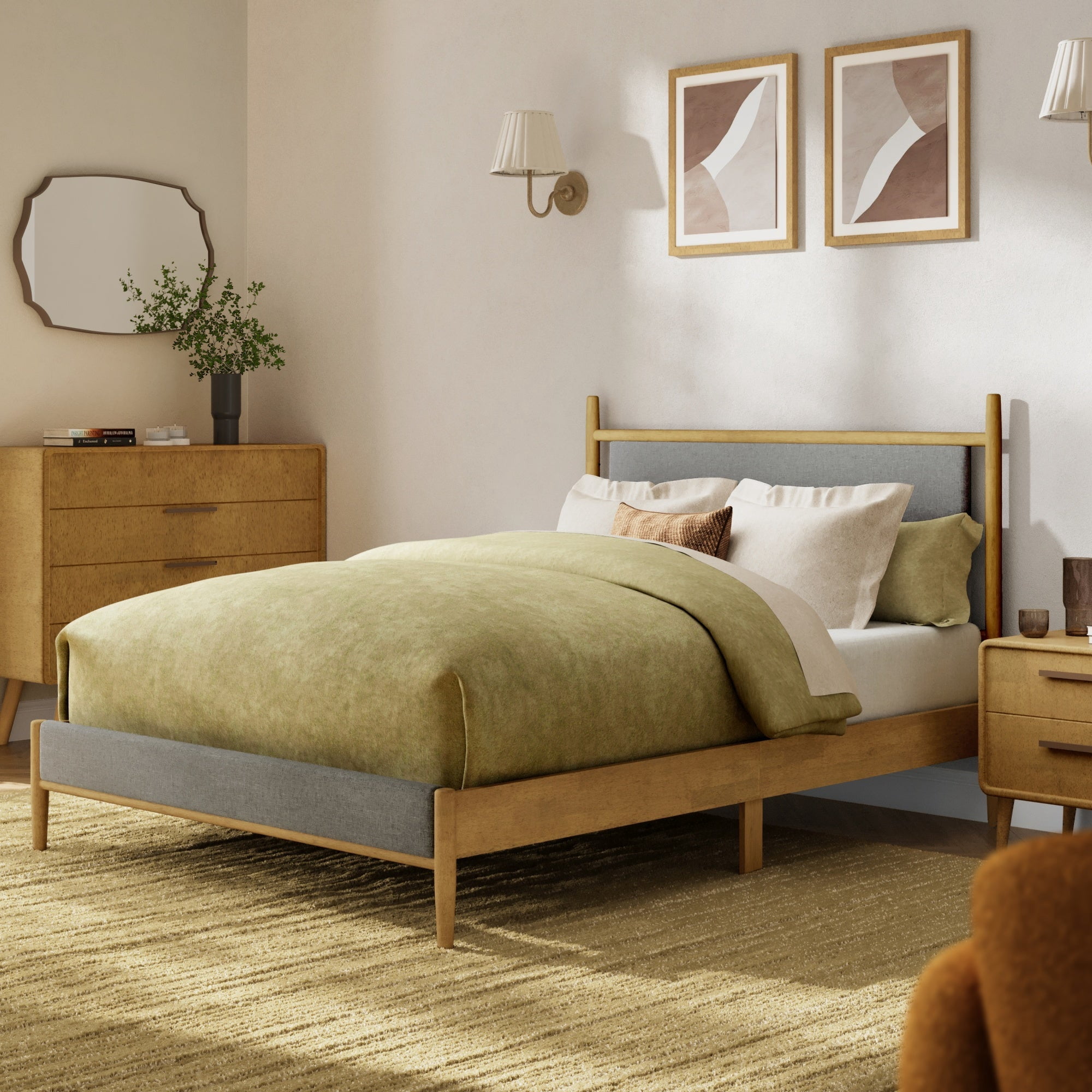 Sophia & William Queen Size Wood Bed Frame Upholstered Platform Bed Frame with Headboard & Footboard Mid-Century Bedroom Furniture,No Box Spring Needed,Gray