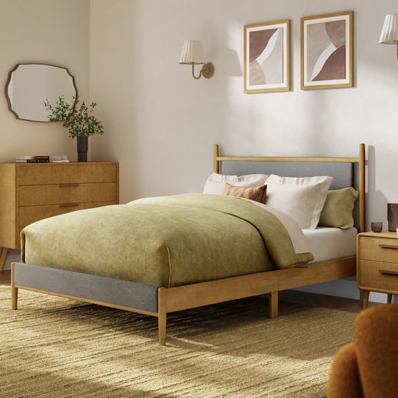 Sophia & William Queen Size Wood Bed Frame Upholstered Platform Bed Frame with Headboard & Footboard Mid-Century Bedroom Furniture,No Box Spring Needed,Gray