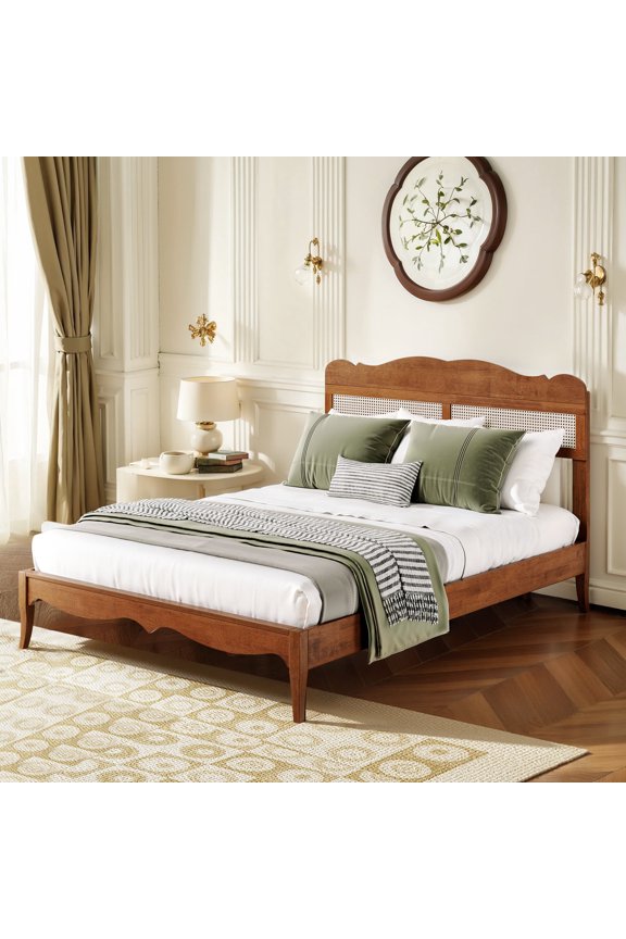 Queen Size Platform Bed Frame Rattan Bed Frame with Adjustable Headboard & Wooden Slats for Bedroom,No Box Spring Needed