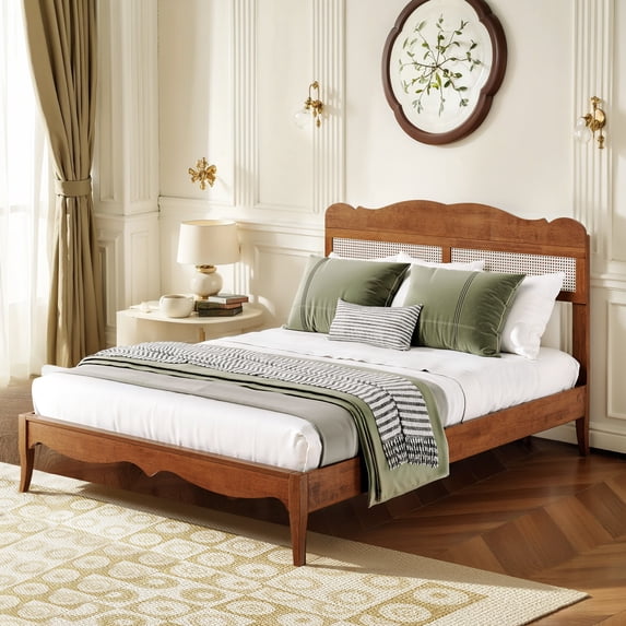 Sophia & William Queen Size Platform Bed Frame Rattan Bed Frame with Adjustable Headboard & Wooden Slats for Bedroom,No Box Spring Needed