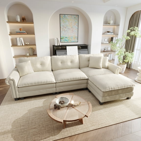 Sophia&William Sectional Sofa Set, Modern Chenille Cloud Couch 4-Seat Retro Nailhead Trim Modular Sofa with 3 Pillows for Living Room, White