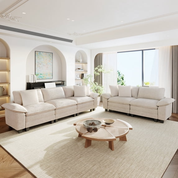 Sophia&William Sectional Sofa Sets, Oversized Cloud Couch Set 5-Seat Chenille Modular Sectional Sofa with 5 Pilliows & Deep Seat, Chalk