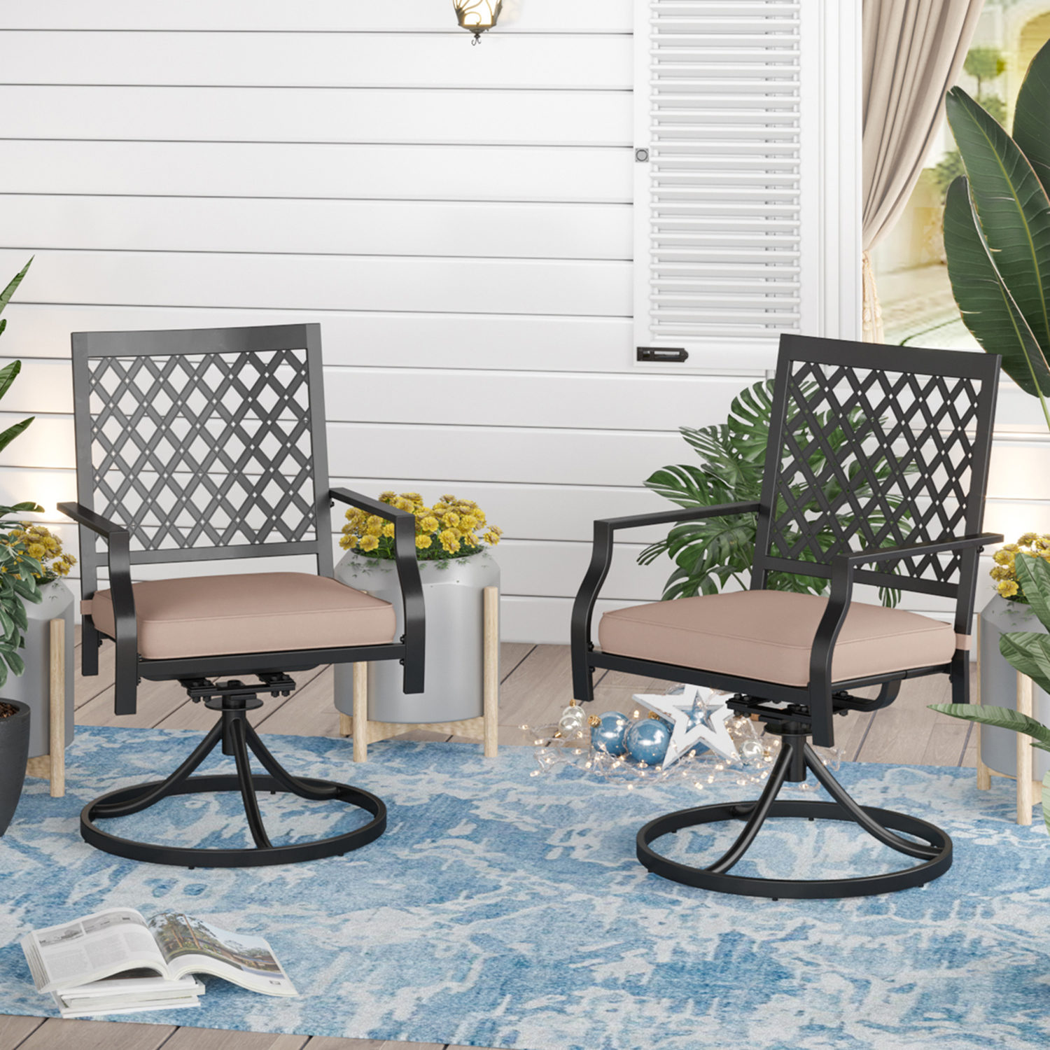 Sophia & William Set of 2 Outdoor Patio Dining Chairs Metal Swivel Chairs with Beige Cushions - image 1 of 6