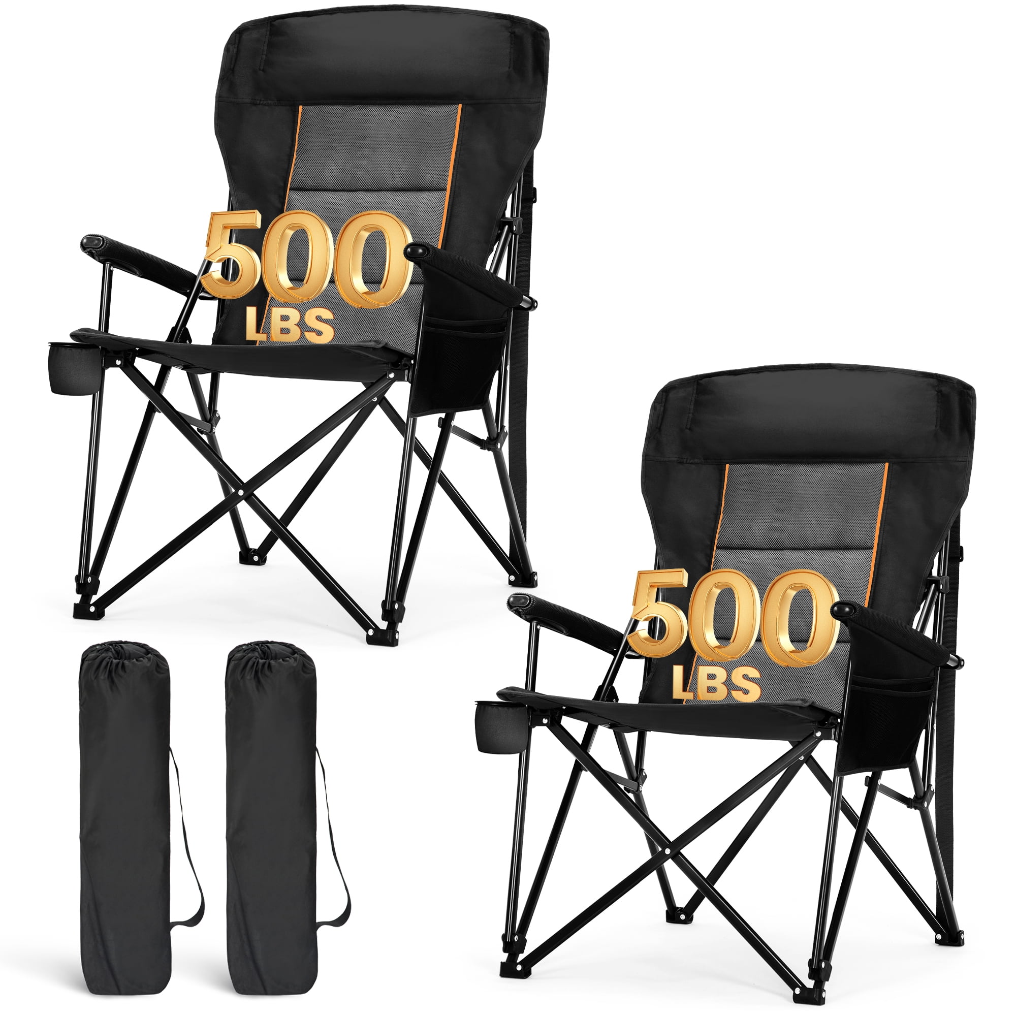 Sophia & William 2-Pack Oversized Camping Chair Heavy Duty High Back Camping Chairs 500lbs Capacity Folding Lawn Chairs with Cup Holder, Portable for Outdoor, Beach and Picnic, Black