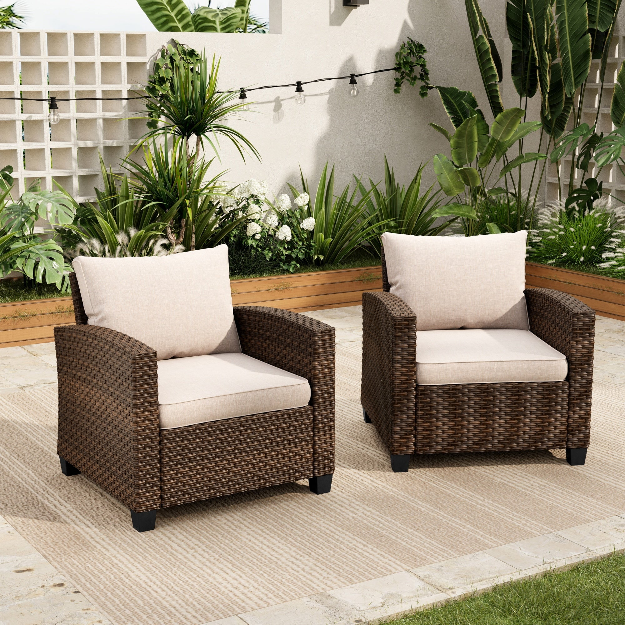 Sophia & William Wicker Patio Sofa Chairs Set of 2 With Beige Cushions
