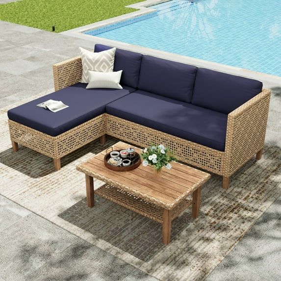 Alpha Joy 3 Pieces Wicker Patio Furniture Conversation Set Boho Style Outdoor Sofa with Coffee Table and Navy Blue Cuchions