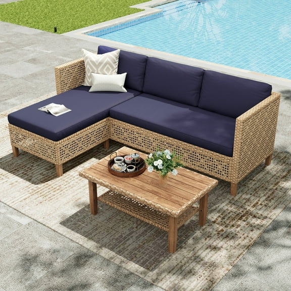 Alpha Joy 3 Pieces Wicker Patio Furniture Conversation Set Boho Style Outdoor Sofa with Coffee Table and Navy Blue Cuchions