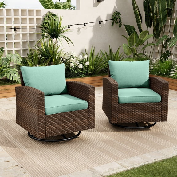 Sophia & William Wicker Patio Swivel Armchairs Set of 2 With Blue Cushions