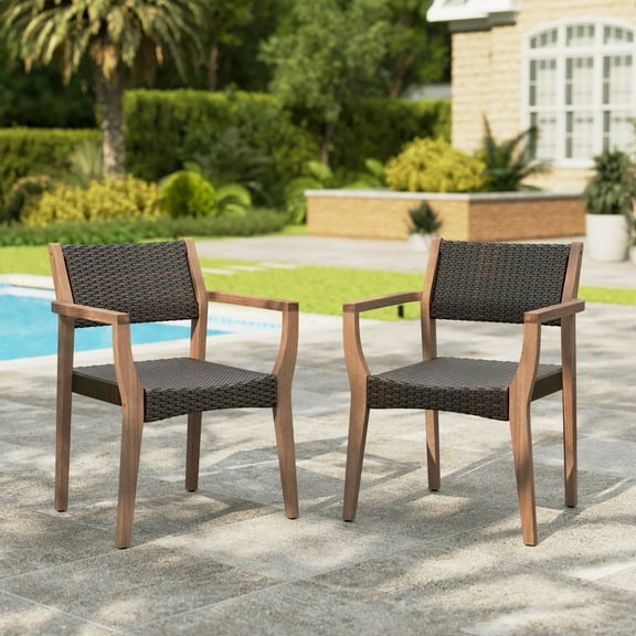 Alpha Joy Wicker Rattan Outdoor Patio Dining Chairs with Acacia Wood Structure - Set of 2, Dark Brown