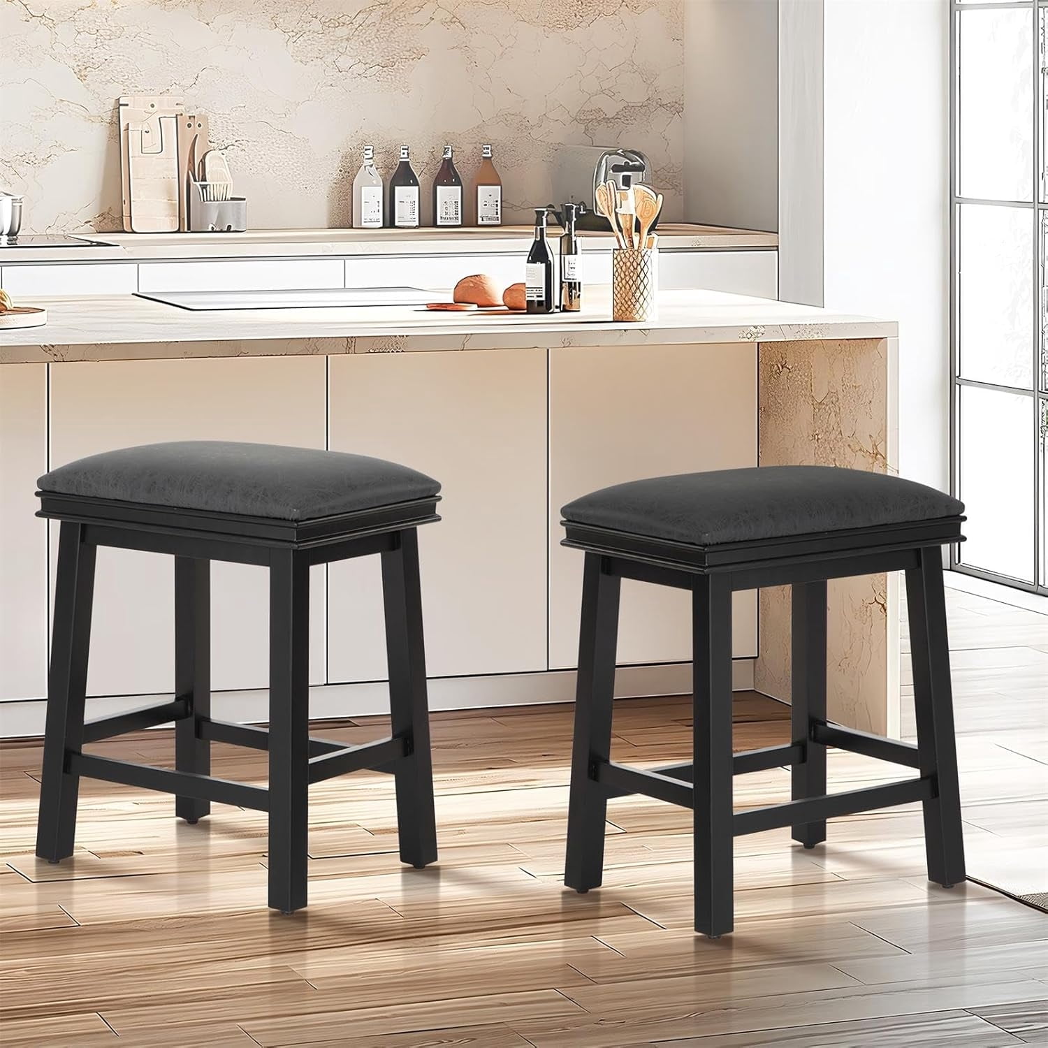 Sophia & William Bar Stools Solid Wood Backless Stools with PU Leather ...