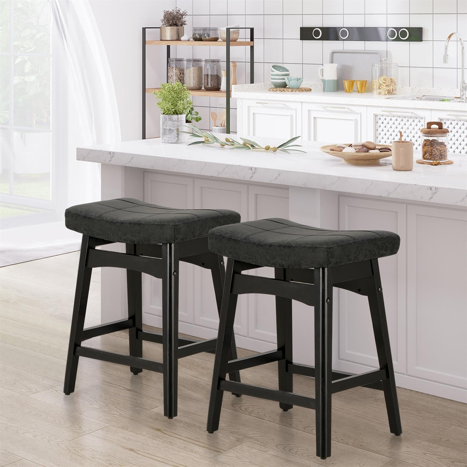 Sophia & William Bar Stools Solid Wood Backless Stools with PU Leather