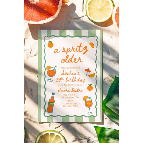 Sophia's 30th Birthday Invitation A Spritz Older Design with Fun Cocktail Graphics RSVP Details Included Perfect Celebration Invite for Birthday Party at Amore Bistro