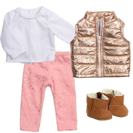 Sophia’s Metallic Vest, Dotted Leggings, T-Shirt, & Booties for 18” Dolls, Gold