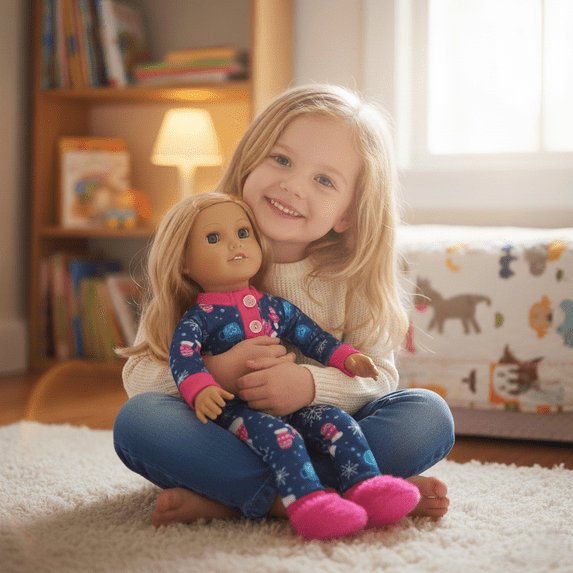 Sophia's One-Piece Winter Print Pajamas and Fluffy Slippers for 14.5" Dolls, Blue/Hot Pink