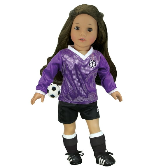 Sophia's Purple Long-Sleeved V-Neck Jersey, Black Shorts, and Ball for 18   Dolls