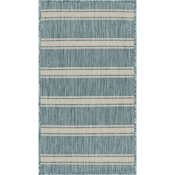 Sophie Birch Harbor Destiny Beach Striped Indoor Outdoor Rug, Aqua and White, 5'3" x 7