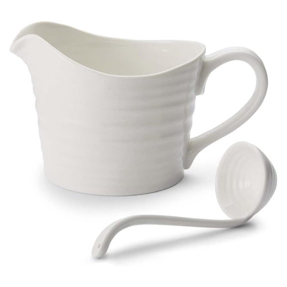Sophie Conran Mini Sauce Jug and Ladle Set, 16 Oz Porcelain Server, Handcrafted Serveware with Rippled Surface, Dishwasher, Microwave, Freezer, Oven Safe (White)