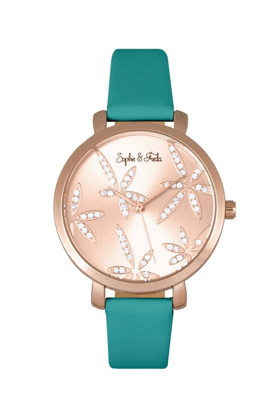 Sophie & Freda Key West Leather-Band Watch w/Swarovski Crystals - Rose Gold/Teal