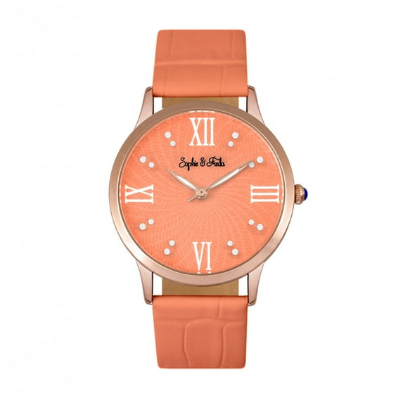 Sophie & Freda Sonoma Leather-Band Watch W/Swarovski Crystals - Rose Gold/Coral