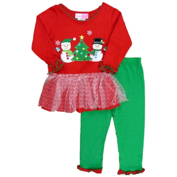 Sophie Rose Toddler Girl 2 Piece Set Green Leggings Red Holiday Snowman Shirt 4T