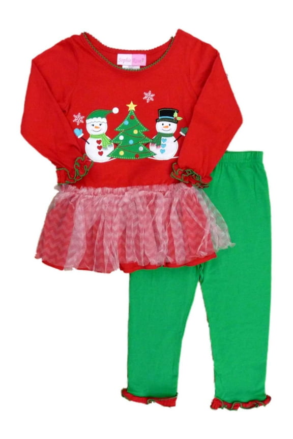 Toddler Girl 2 Piece Set Green Leggings Red Holiday Snowman Shirt 4T