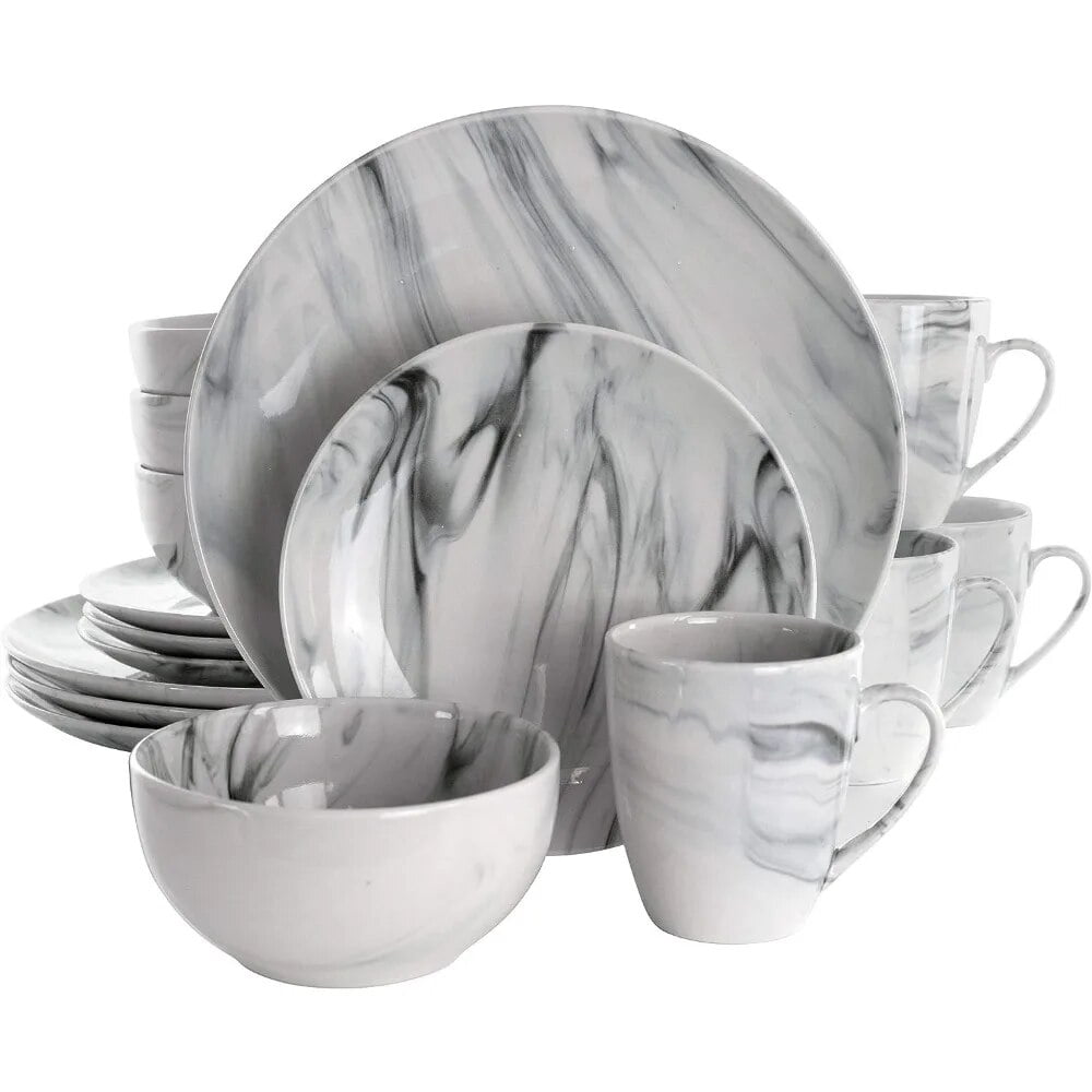 16-Piece Black and White Marble Ceramic Dinnerware Set