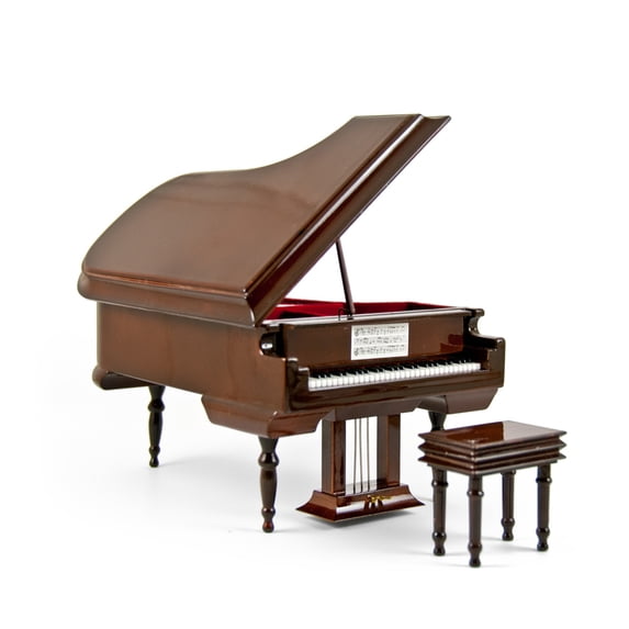 Sophisticated 18 Note Miniature Musical Hi-Gloss Brown Grand Piano with Bench - Here Comes the Sun