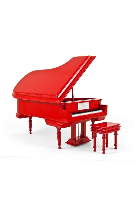 Sophisticated 18 Note Miniature Musical Hi-Gloss Fire Engine Red Grand Piano with Bench - Silver Bells