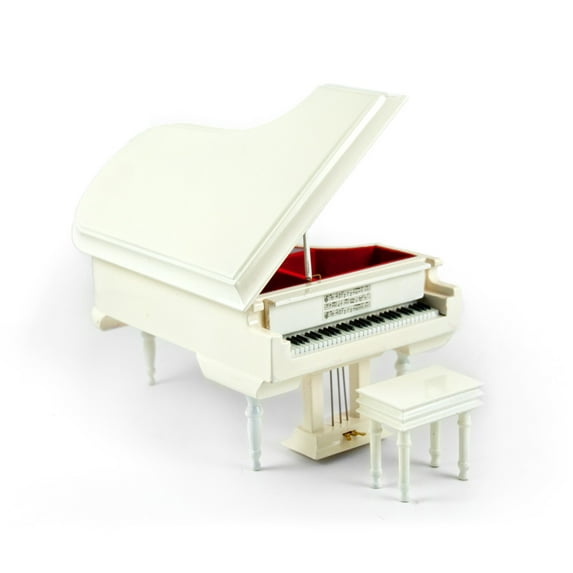 Sophisticated 18 Note Miniature Musical Hi-Gloss White Grand Piano with Bench - Ail My Loving