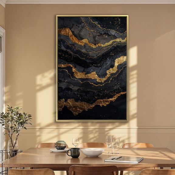 Sophisticated Abstract Wall Art Luxury Black And Gold Poster Golden Veins And Charcoal Poster Modern Decor Ready To Hang, Stretched Canvas Size 8x12