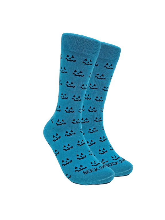 Sophisticated Blue Pumpkin Face Patterned Socks (Adult Large - Men's Shoe Sizes 8-12)