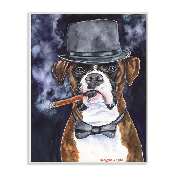 Stupell Industries Sophisticated Boxer Dog Portrait Top Hat Pet Wall Plaque, 10 x 15, Design by George Dyachenko