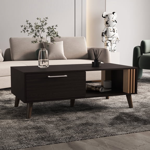 Sophisticated Coffee Table With Tidy Storage Space, Black And Natural Structured Storage,