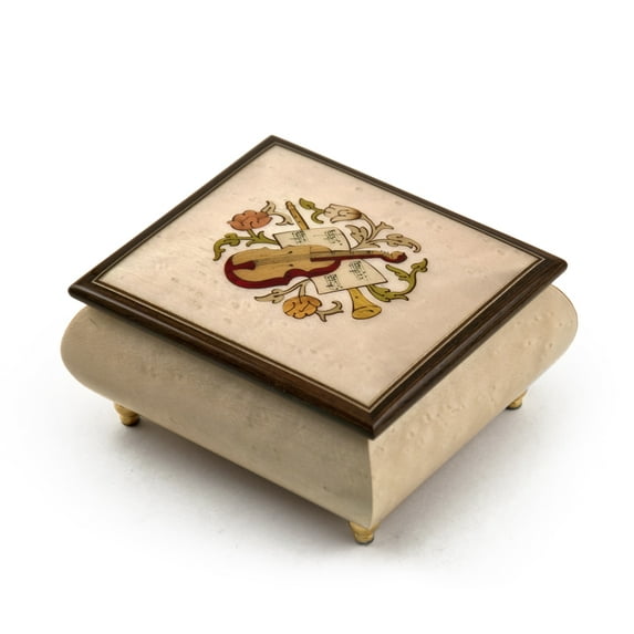 Sophisticated Cream Stain Music Box with Violin Wood Inlay - .0 Come, All Ye Faithful (Adeste Fideles)