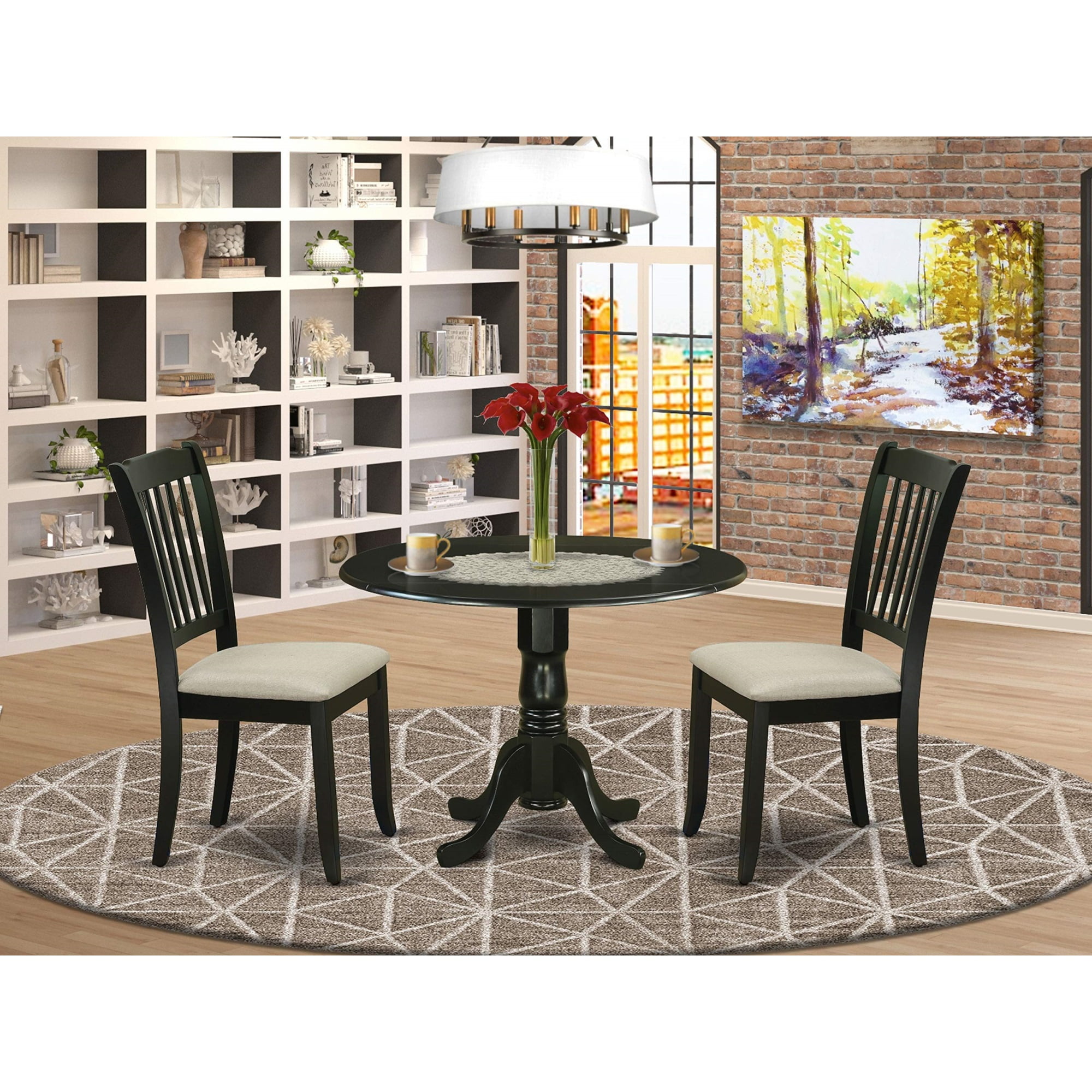 Sophisticated DLDA3-BLK-C 3Pc Dining Set: Round Table with Drop Leaves \u0026 2 Microfiber Seat Chairs. Black Finish, Asian Hardwood, Curved Legs. 42x42x29.5.