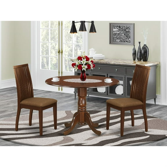 Sophisticated DLIP3-MAH-C 3Pc Dining Set: Round Table with Drop Leaves & 2 Microfiber Seat Chairs. Mahogany Finish. Ideal for Small Spaces. Durable & Budget-Friendly.