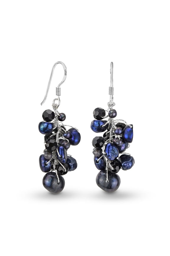 Sophisticated Elegance Freshwater Black Pearl Crystal Cluster Dangle Earrings