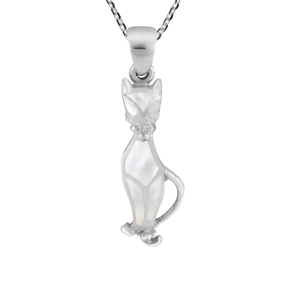 Sophisticated Feline Cat Sterling Silver with White Seashell Inlay Necklace