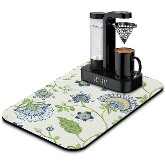 Sophisticated Floral Coffee Drying Mat, 19.5x12in - High Absorption Kitchen Counter Mat & Splash Guard, Perfect for Coffee Maker, Espresso Machine, Coffee Mat Enhancing Dining Room Décor