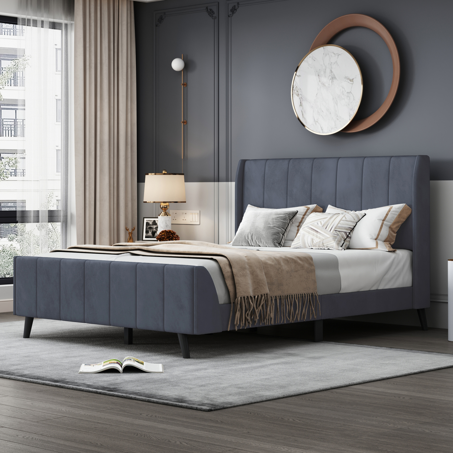 Sophisticated Gray Velvet Full Size Upholstered Platform Bed, Tufted